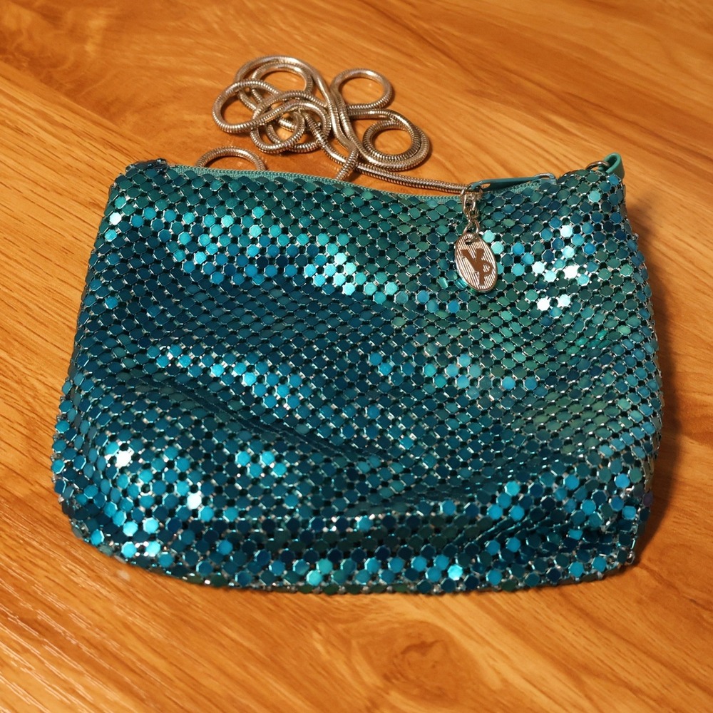Vintage Y2K Teal Metal Mesh Crossbody Bag Womens Turquoise Party Club Glam Hoco